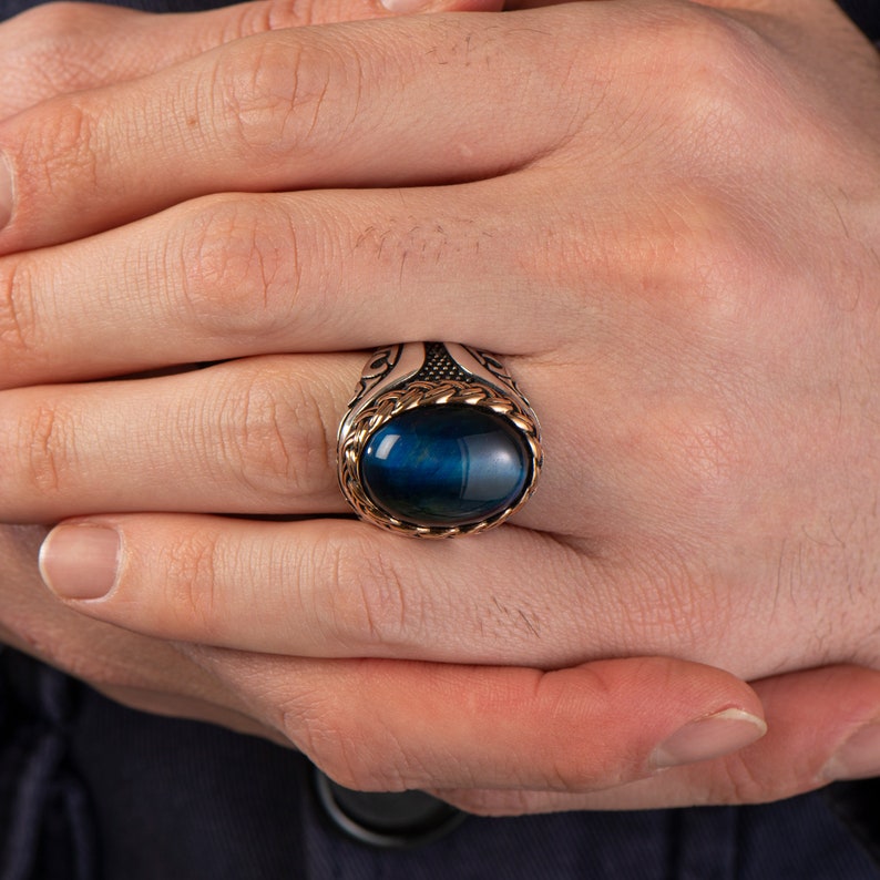 Tiger eye Silver ring Blue Heart