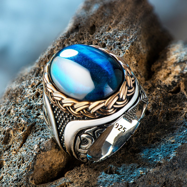 Tiger eye Silver ring Blue Heart