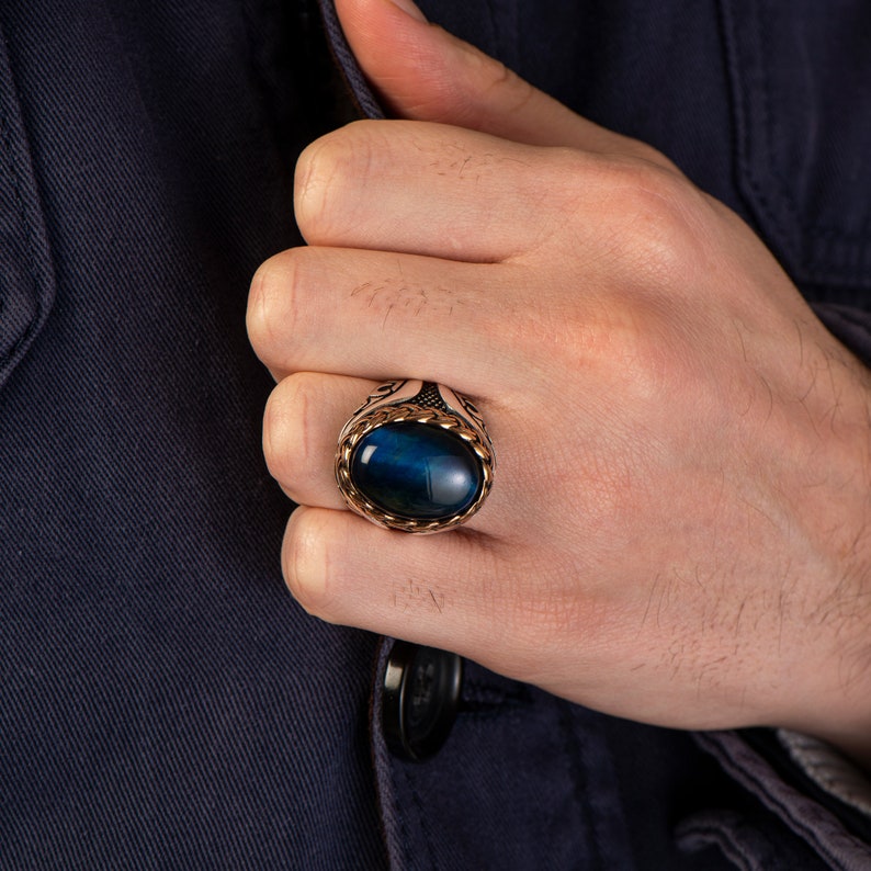 Tiger eye Silver ring Blue Heart