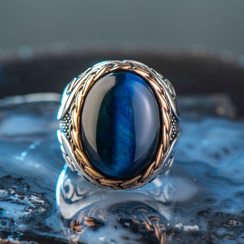 Tiger eye Silver ring Blue Heart