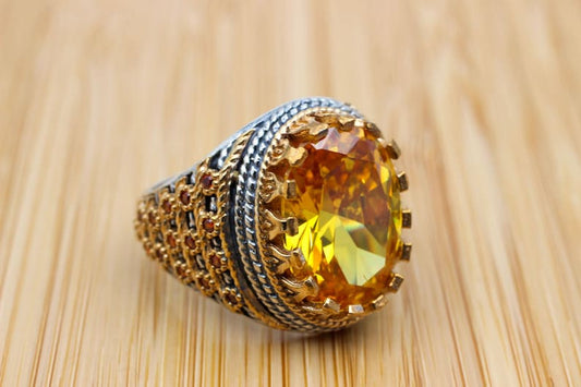 Citrine Silver ring for Men-Golden hand