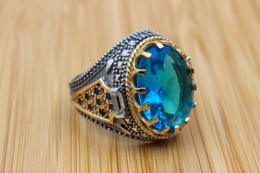 Aquamarine Silver ring-Golden charm