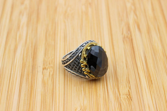 Onyx Silver ring-Golden charm