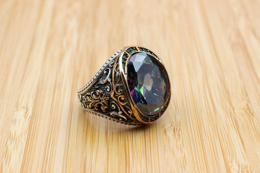 Mystic Topaz Silver ring for Men-Turkish Flower