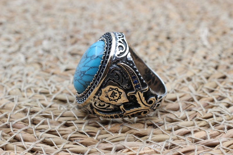 Turquoise Silver ring for Men Shield of God