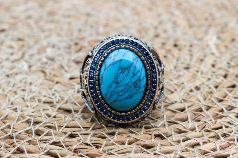 Turquoise Silver ring for Men Shield of God