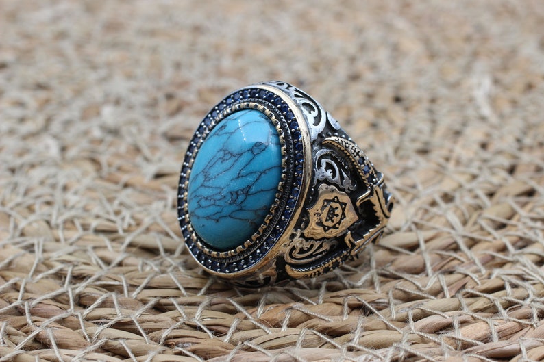 Turquoise Silver ring for Men Shield of God