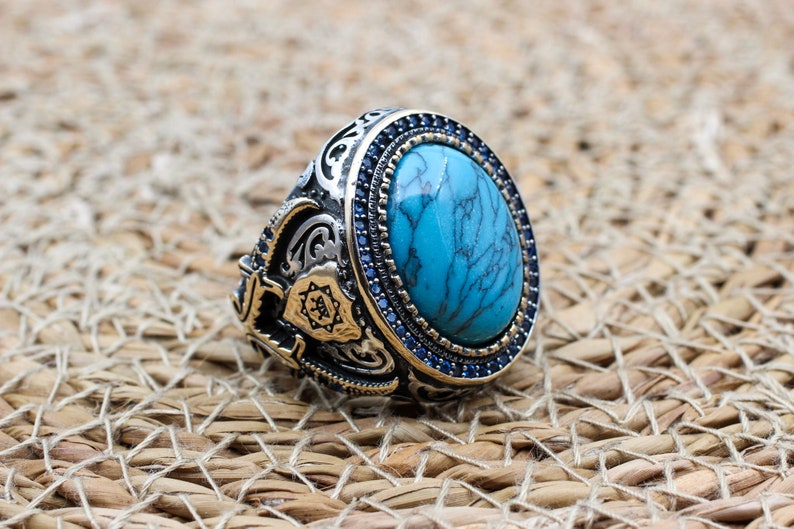 Turquoise Silver ring for Men Shield of God