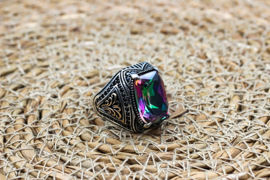 Mystic Topaz Silver ring for Men-Turkish Flower