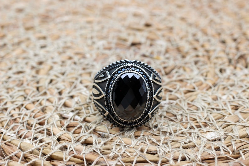 Onyx Silver ring-Black Flower