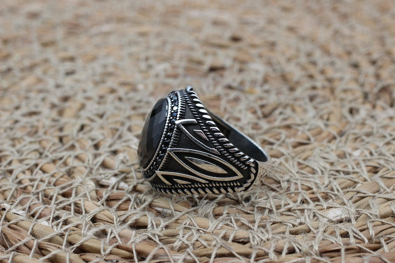 Onyx Silver ring-Black Flower