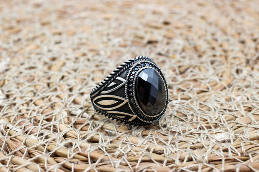 Onyx Silver ring-Black Flower