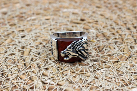 Aqeeq Silver ring for Men Lion