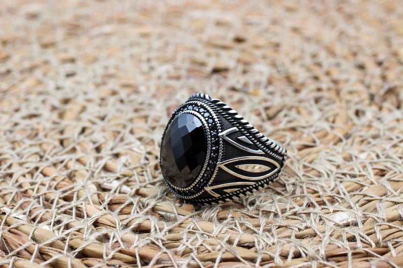 Onyx Silver ring-Black Flower