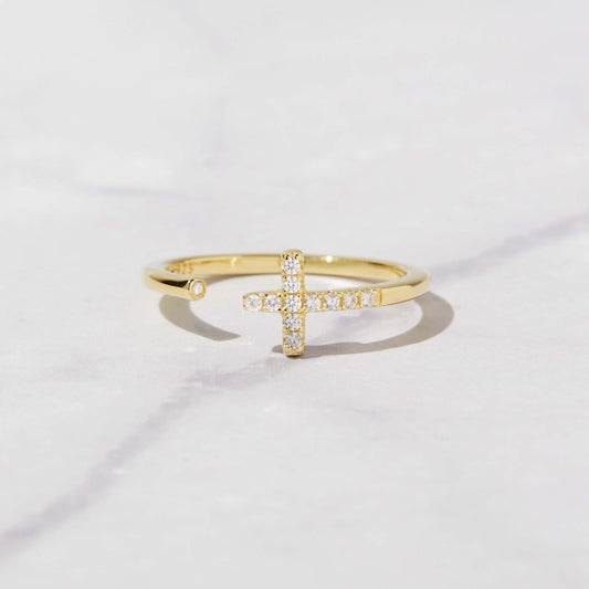 Cross sideways Gold Plated CZ diamond ring