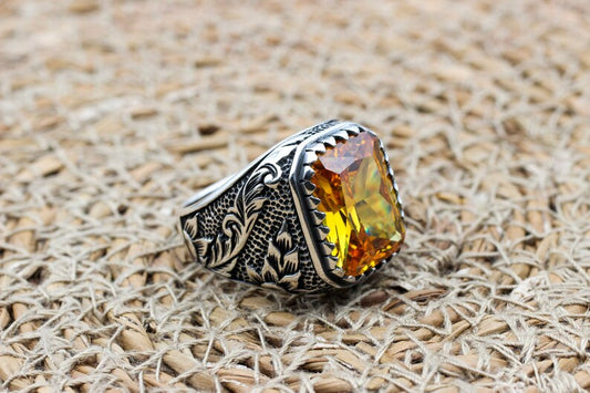 Citrine Silver ring for Men- Sunlit flower