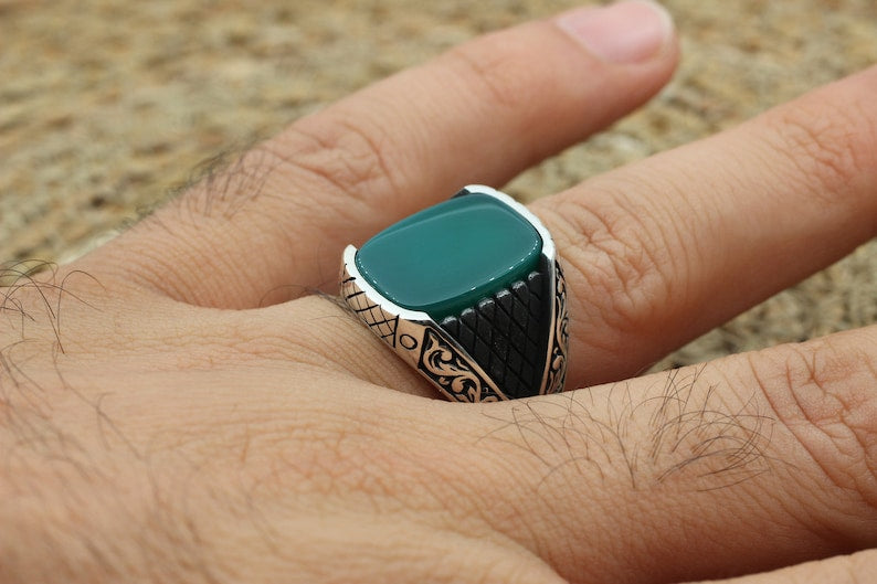 Green Aqeeq Silver ring for Men Turkish