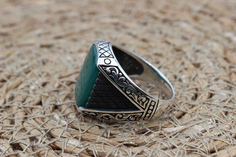 Green Aqeeq Silver ring for Men Turkish