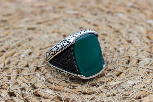 Green Aqeeq Silver ring for Men Turkish