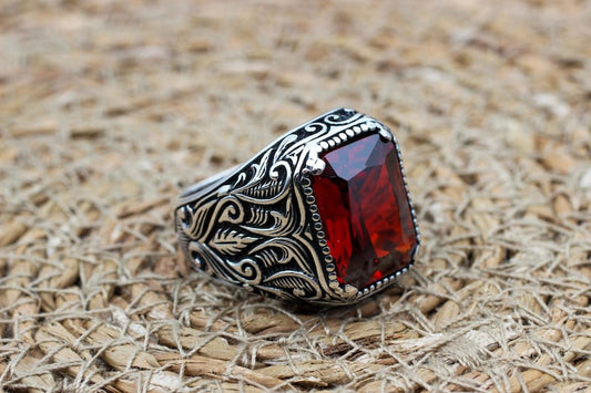 Ruby Silver Ring-Turkish Flower