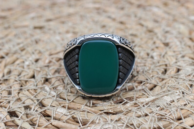 Green Aqeeq Silver ring for Men Turkish