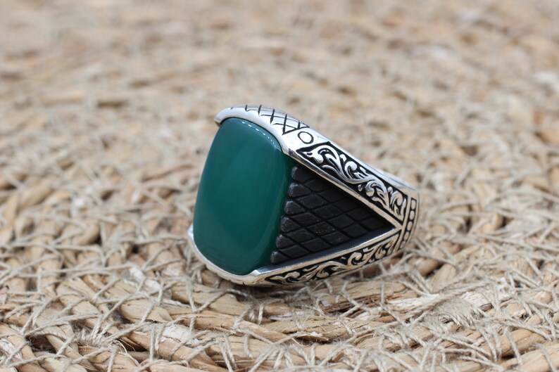 Green Aqeeq Silver ring for Men Turkish