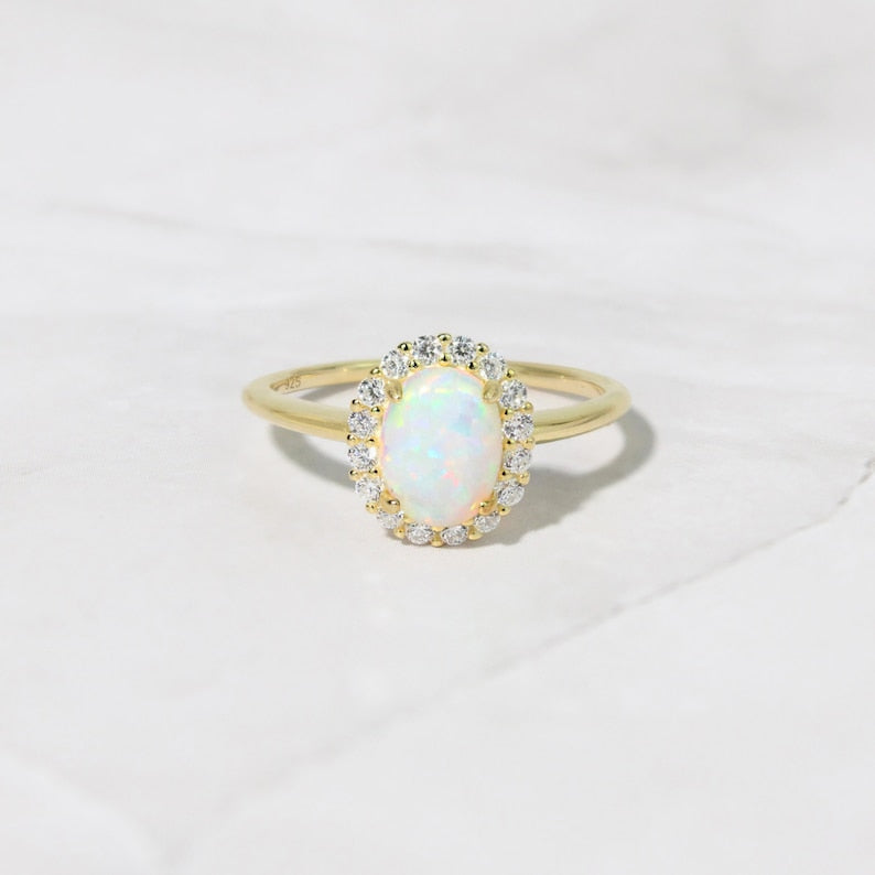 White Opal Flower Gold Plated CZ diamond ring