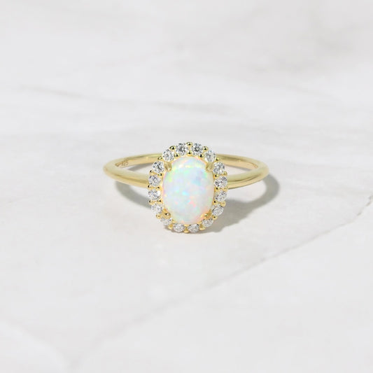 White Opal Flower Gold Plated CZ diamond ring