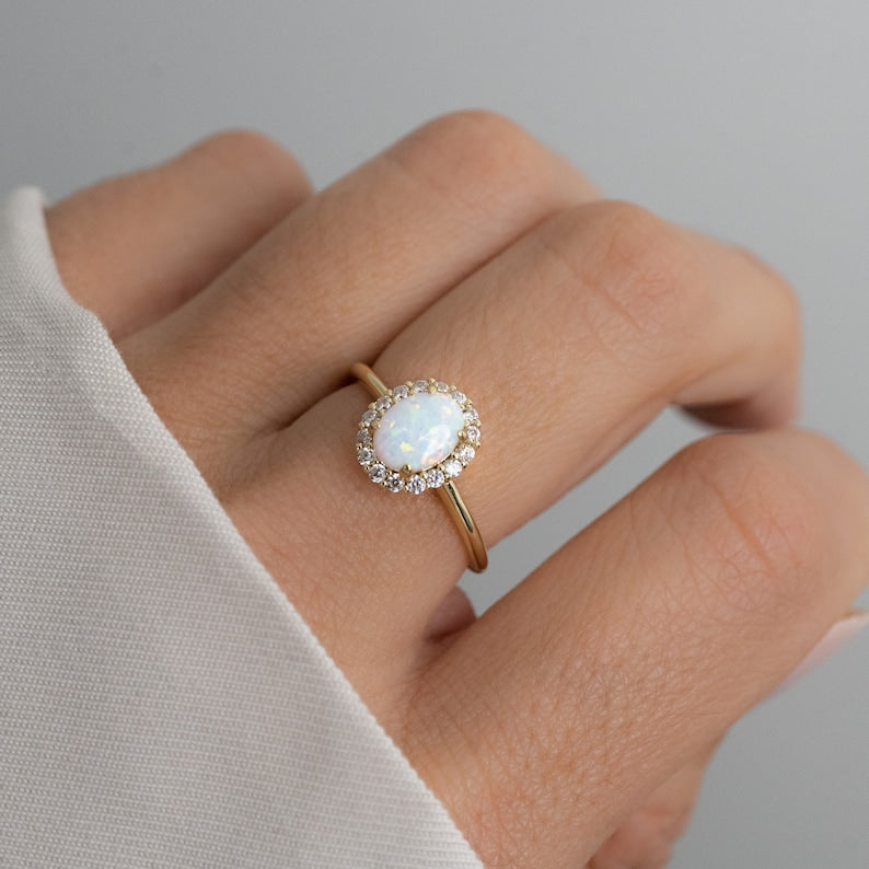 White Opal Flower Gold Plated CZ diamond ring