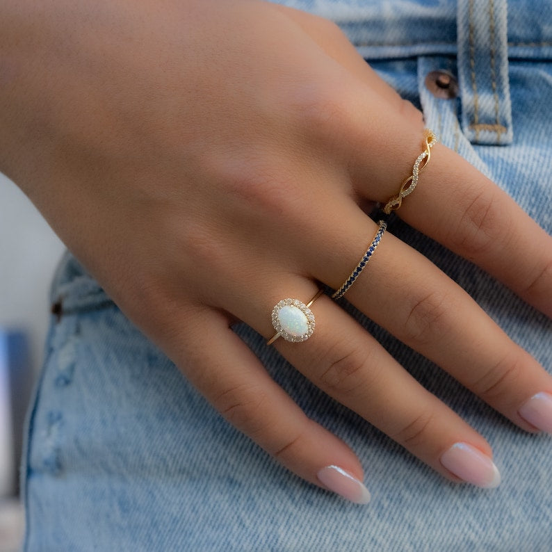 White Opal Flower Gold Plated CZ diamond ring