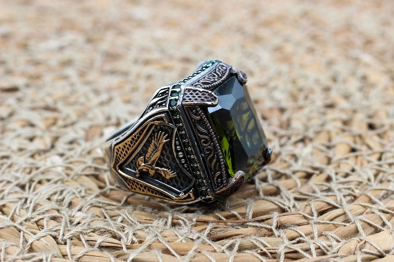 Peridot  Silver ring for Men-Falcon