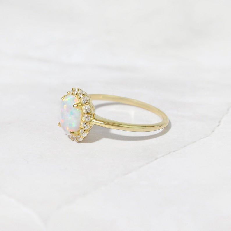 White Opal Flower Gold Plated CZ diamond ring