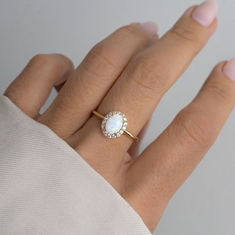 White Opal Flower Gold Plated CZ diamond ring