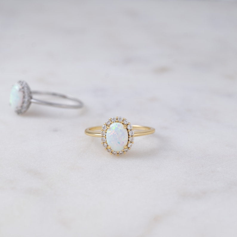 White Opal Flower Gold Plated CZ diamond ring