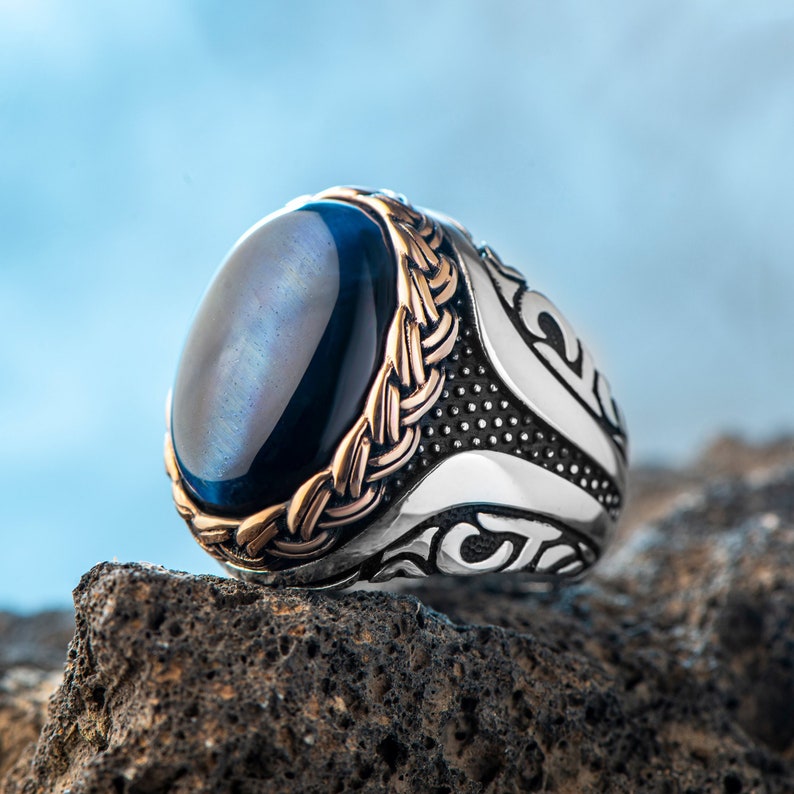 Tiger eye Silver ring Blue Heart