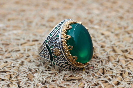 Green Agate Aqeeq Silver ring for Men