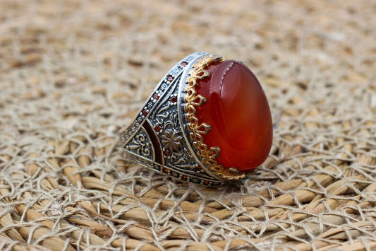 Aqeeq Silver ring for Men Red aqeeq