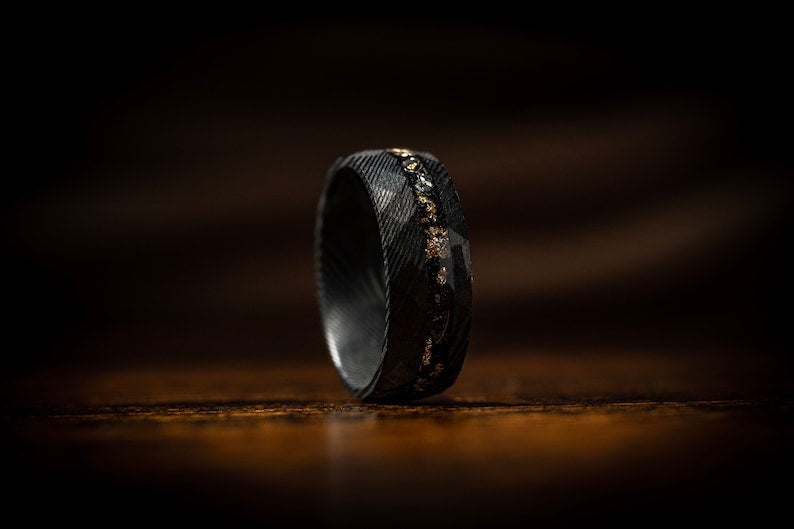 Meteorite & Crushed Gold Leaf  Damascus Steel Ring