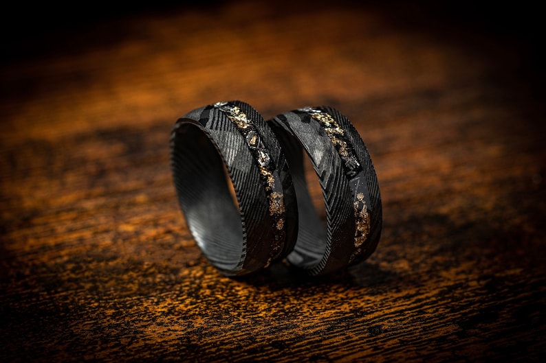 Meteorite & Crushed Gold Leaf  Damascus Steel Ring