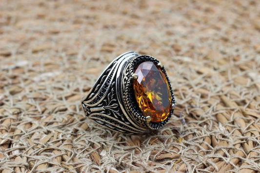 Citrine Silver ring for Men-Eternal flower