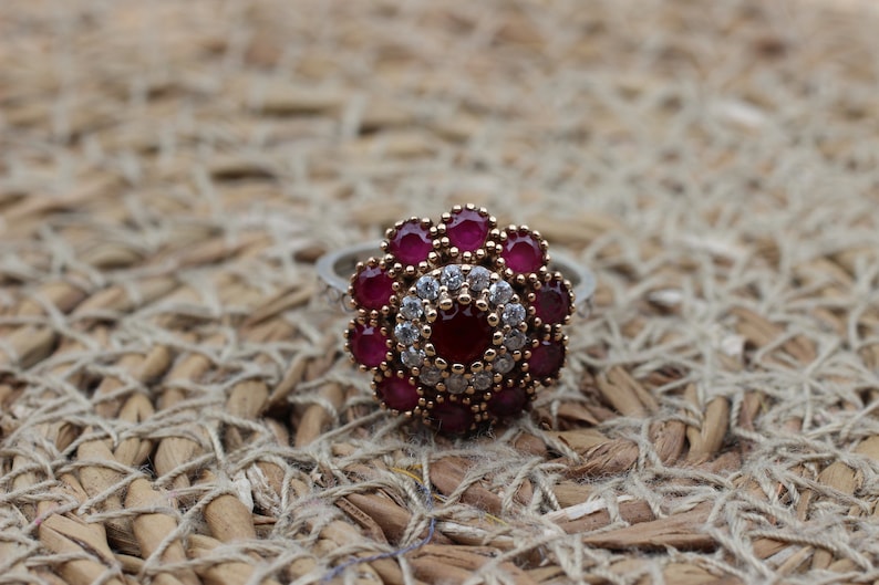 Ruby Flower Women's Silver Ring