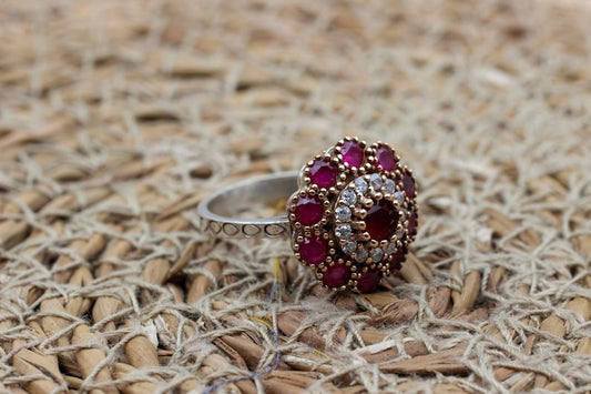 Ruby Flower Women's Silver Ring