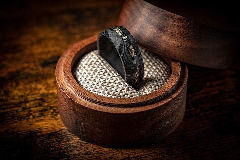 Meteorite & Crushed Gold Leaf  Damascus Steel Ring