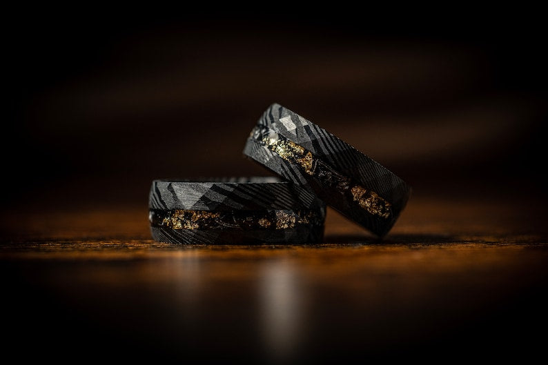 Meteorite & Crushed Gold Leaf  Damascus Steel Ring