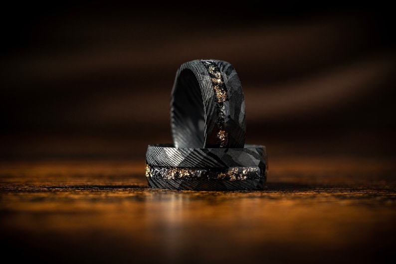 Meteorite & Crushed Gold Leaf  Damascus Steel Ring