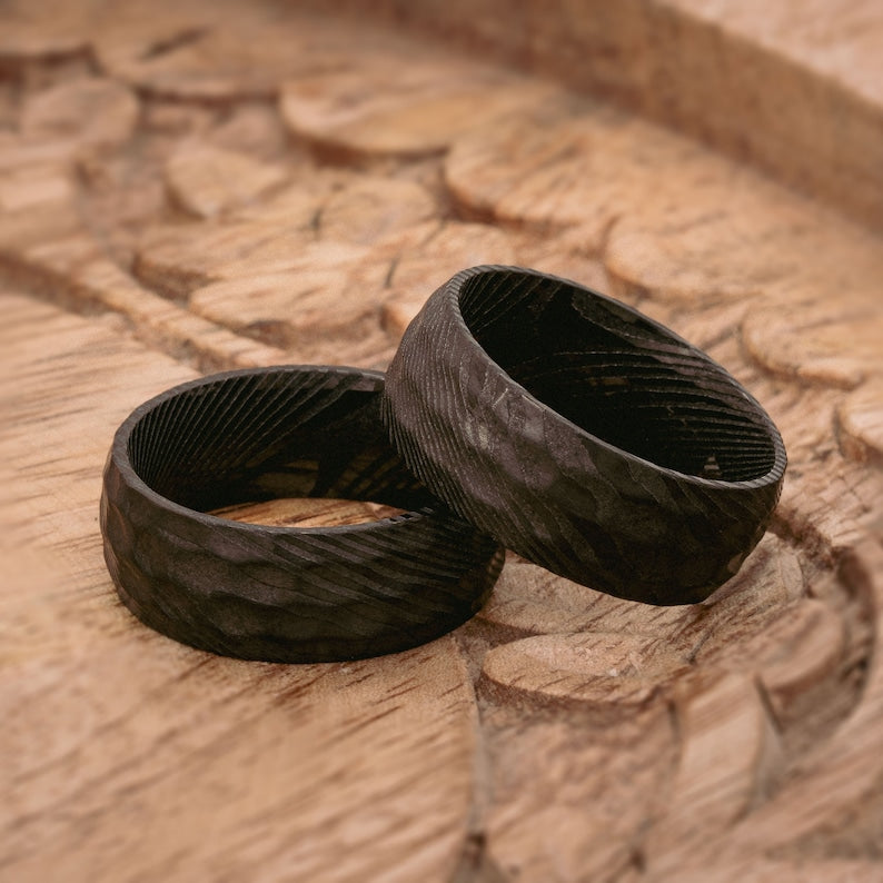 Black Hammered Damascus Steel Ring-Eclipse