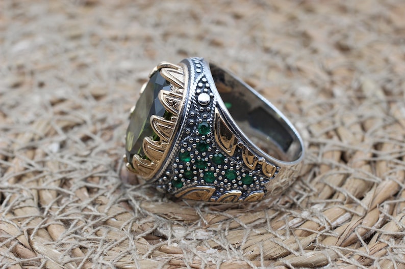 Peridot  Silver ring for Men- Green crown