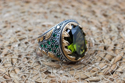 Peridot  Silver ring for Men- Green crown