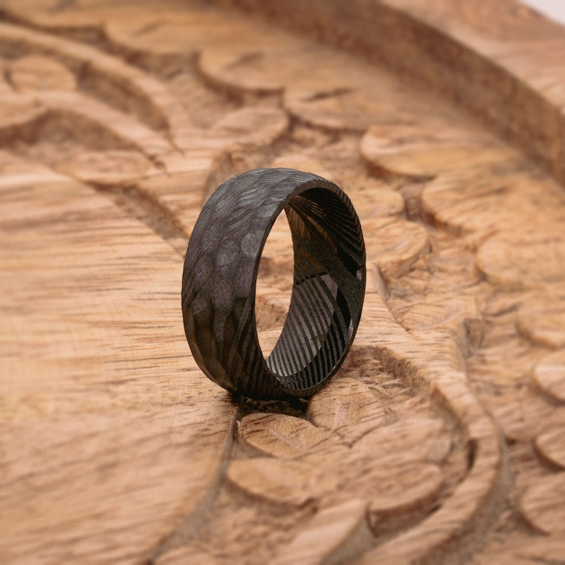 Black Hammered Damascus Steel Ring-Eclipse