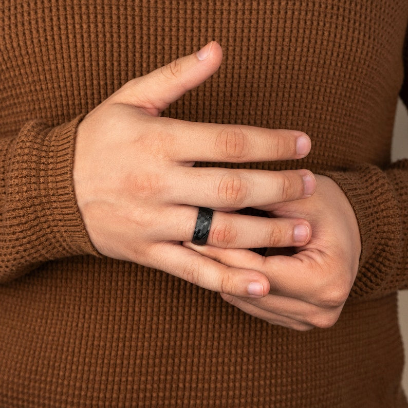 Black Hammered Damascus Steel Ring-Eclipse